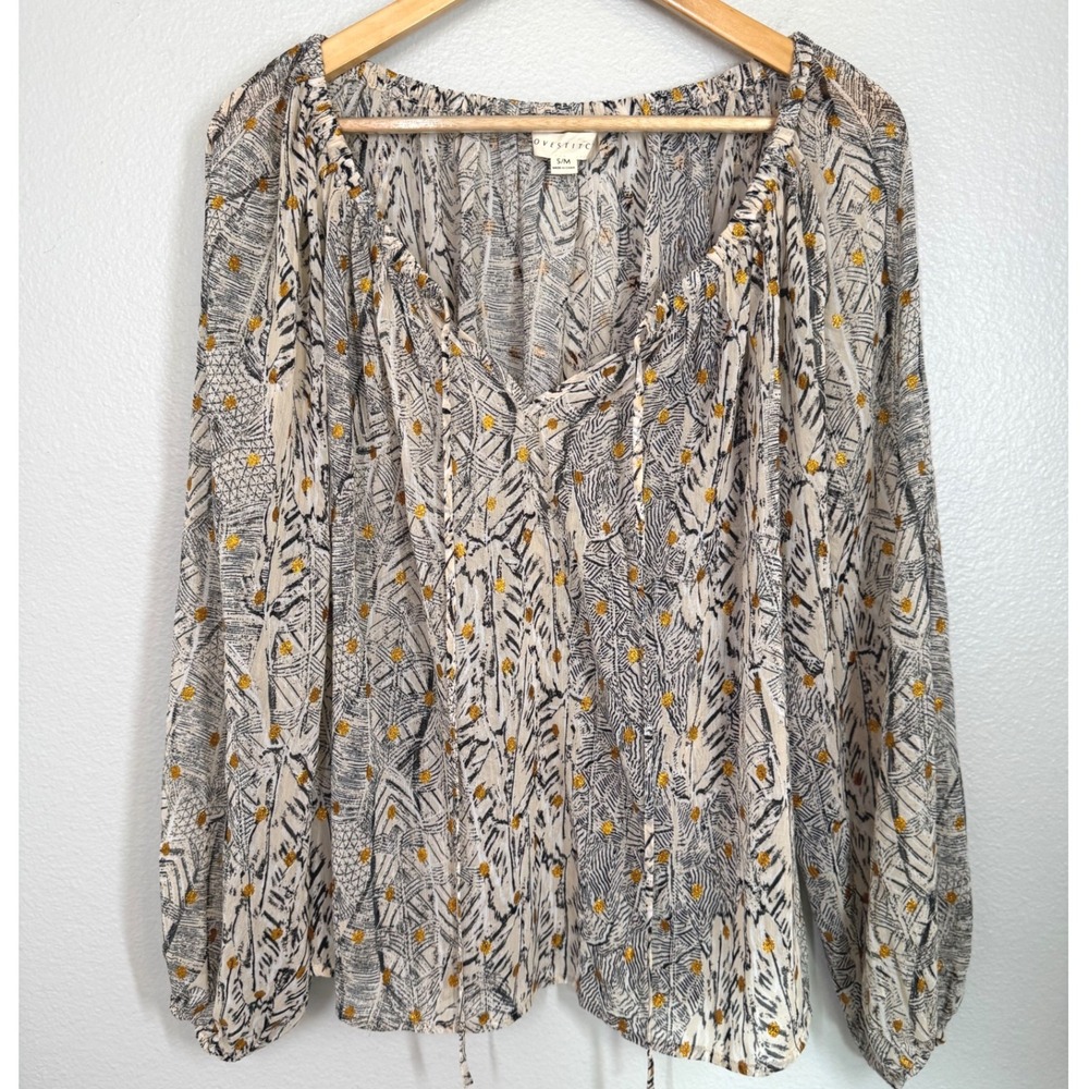 Lovestitch Blouse S/M‎ Gold Metallic Dot Keyhole Boho Peasant Sheer Flowy Top